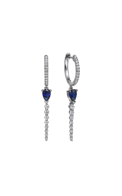 14KW GRADUATING DIAMONDS AND BLUE SAPPHIRE HUGGIE DROP EARRINGS, DIA = 0.55CTW SI+, 2 SAPPHIRES = 1.