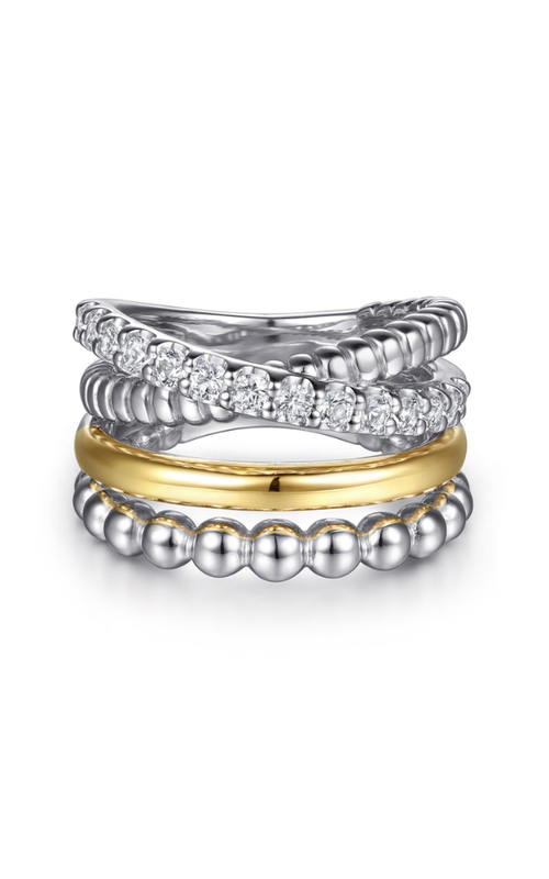 14KY/STER SILVER BUJUKAN BEADED WHITE SAPPHIRE EASY STACKABLE RING, 14 WHITE SAPPHIRES = 0.67CTW, SI