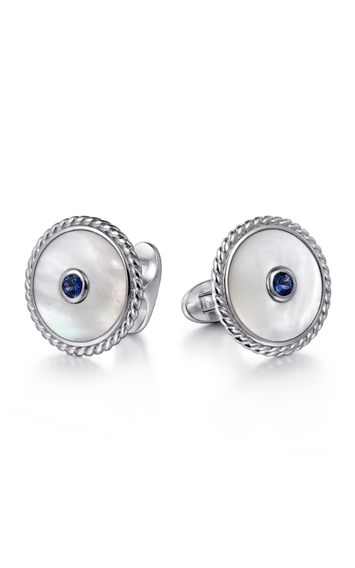 STERLING SILVER ROUND CUFFLINKS WITH WHITE MOTHER OF PEARL AND SAPPHIRE, MOP = 9.84CTW, 2 SAPP = 0.4