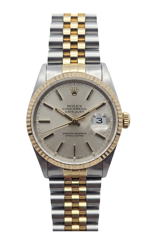 36MM 18KY/SS DATEJUST, SILVER STICK DIAL, FLUTED BEZEL, JUBILEE BRACELET, UNWORN/MINT, B+P C.1997, S