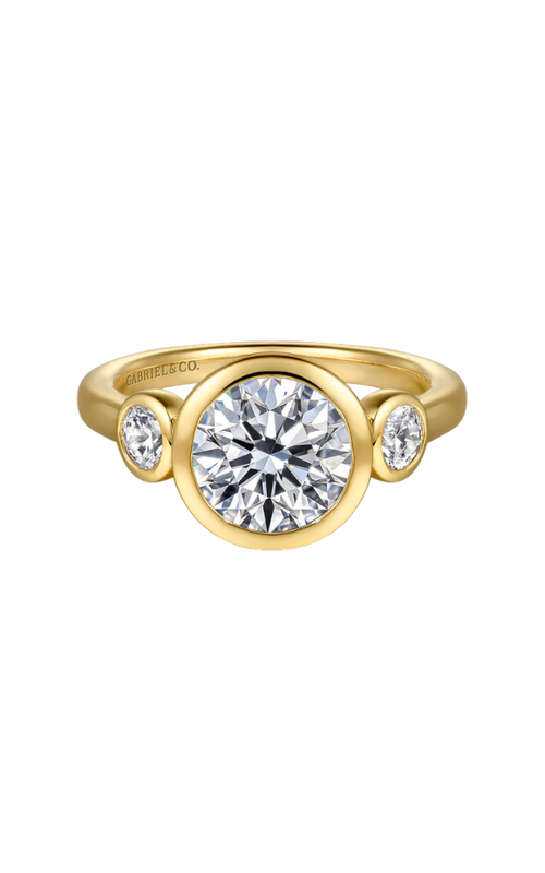 14KY 3 STONE BEZEL SET DIAMOND HENLEY ENGAGEMENT RING, SIZE 6.5, DIAS=0.53CTW, G-H SI+, 2CT CZ,
