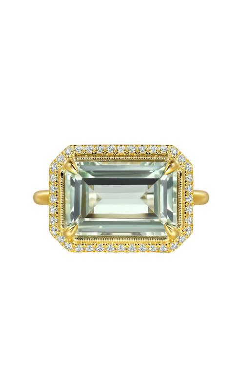 14KY DIAMOND AND GREEN AMETHYST EMERALD CUT LADIES RING WITH FLOWER PATTERN GALLERY, DIAS = 0.20CTW,
