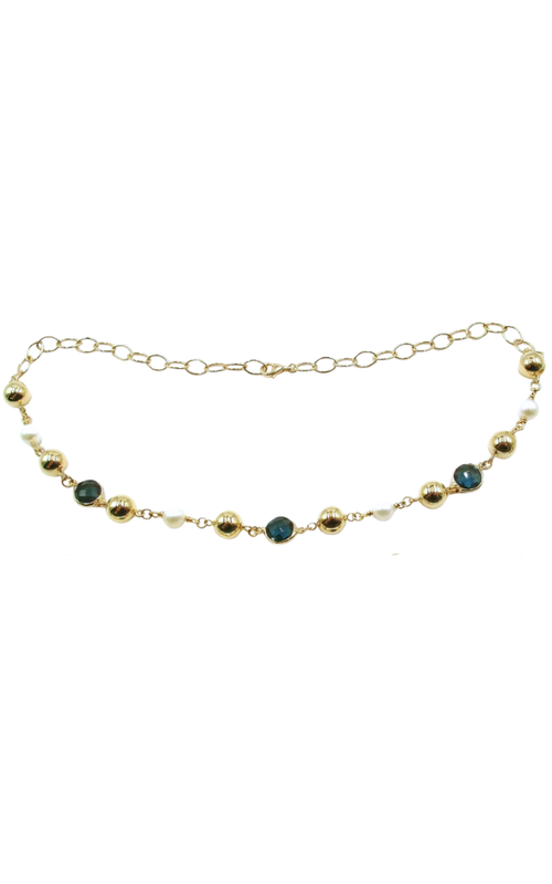14KY STATION LINK LONDON BLUE TOPAZ, GOLD BEAD AND PEARL NECKLACE WITH CABLE CHAIN, 18, B TOPAZ = 4