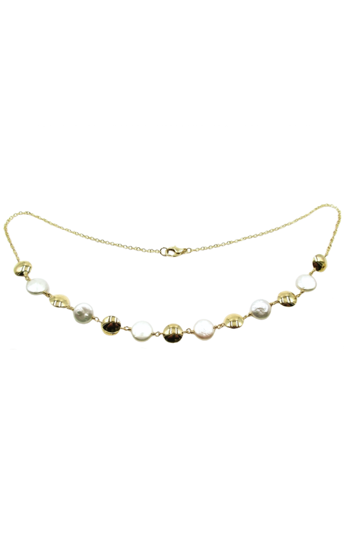 14KY COIN PEARL AND GOLD BEAD STATION NECKLACE, 18, 6 PEARL = 9.60CTW, LOBSTER CLASP