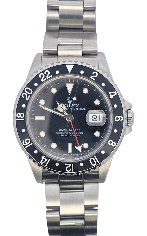 40MM SS ROLEX GMT, BLACK DIAL, BLACK BEZEL, OYSTER BRACELET, EST. 1996, S#T220925