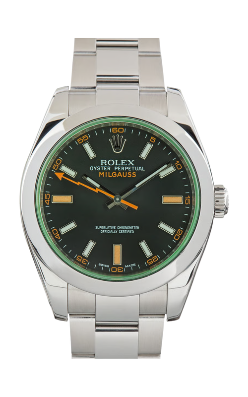 40MM SS MILGAUSS, BLACK DIAL, GREEN INNER BEZEL, POLISHED BEZEL, OYSTER BRACELET, C.2010, S#G673801