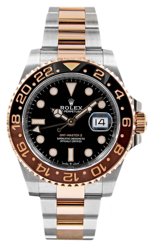 40MM 18KR/SS GMT MASTER II ROOT BEER, BLACK DIAL, BROWN/BLACK BEZEL, OYSTER BRACELET, BOX+PAPER C.