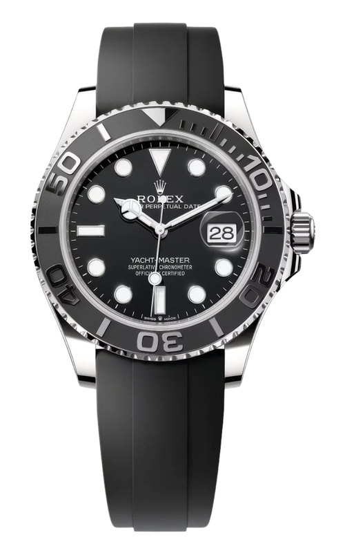 42MM 18KW YACHT MASTER, BLACK DIAL BLACK BEZEL, OYSTERFLEX RUBBER STRAP, CARD AND BOX C., S#9W7E8681