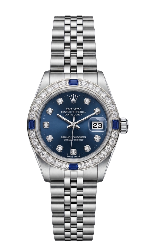 26MM SS LADIES DATEJUST, BLUE DIA DIAL, AFTERMARKET DIA AND SAPPHIRE BEZEL, JUBILEE BRACELET, S#8072