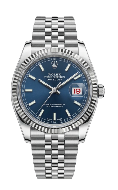 36MM SS/18KW DATEJUST, BLUE STICK DIAL W/ RED-BLACK DATE, FLUTED BEZEL, JUBILEE BRACELET, FULL SET(B