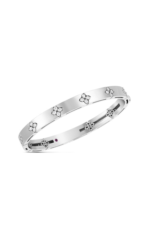 18KW 0.45CTW LOVE IN VERONA HIGH POLISH 5 4-DIAMOND STATION BANGLE WITH PUSH BUTTON CLASP AND HIDDE