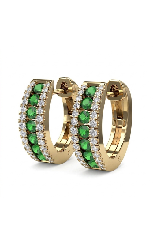 14KY 0.89CTW DIAMOND AND EMERALD HUGGIE HOOP EARRINGS