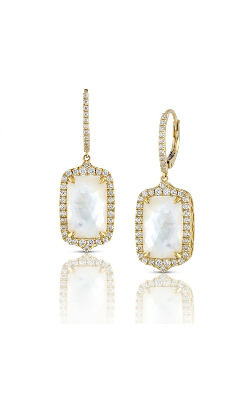 18KY DIAMOND (D86=0.75CTW) EARRINGS WITH CLEAR QUARTZ OVERLAY OVER WHITE MOTHER OF PEARL (10.36CTW)