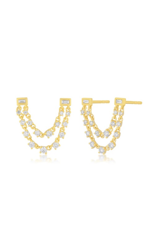14KY BAGUETTE DOUBLE DIAMOND CHAIN STUD EARRINGS (PAIR), 30RDS=0.49CTW, 4 TBAGS=0.09CTW, 18mm DROP L