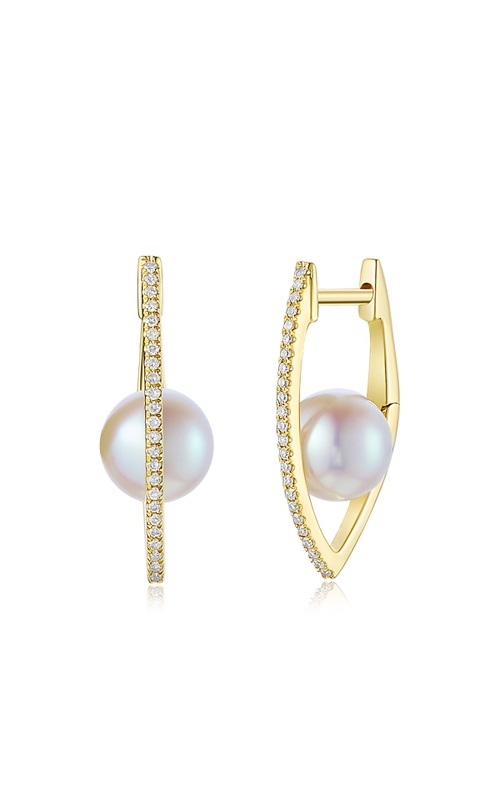 14KY FLOATING PEARL DIAMOND V HOOP EARRINGS, 48RDS=0.11CTW, 2PEARLS=2.00CTW, SNAPDOWN POSTS, 2.00g