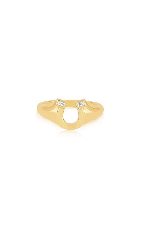 14KY LUCKY HORSESHOE SIGNET RING, WITH TWO TAPERED BAGUETTES=0.03CTW. SIZE 3.5