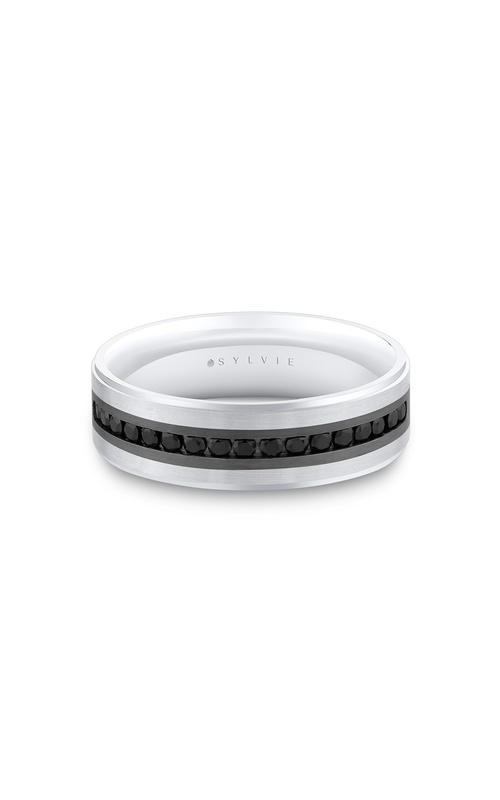 14KW BLACK DIAMOND WEDDING BAND, WHITE AND GREY BRUSHED CENTER, POLISHED EDGES, BLACK DIAMOND BAND 1