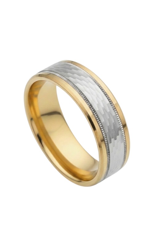 14KW/YG 8MM COMFORT FIT WEDDING BAND WITH DROP BEVELED EDGES AND A MESH CENTER INLAY WITH MILGRAIN B