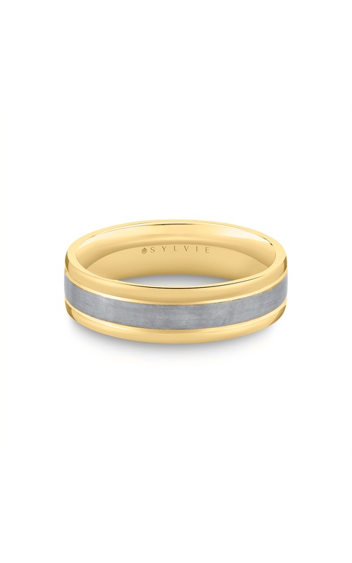 14KY/GREY GOLD WEDDING BAND, BRUSHED CENTER, GROOVE LINE, POLISHED EDGES 6MM SIZE 10, 8.77G
