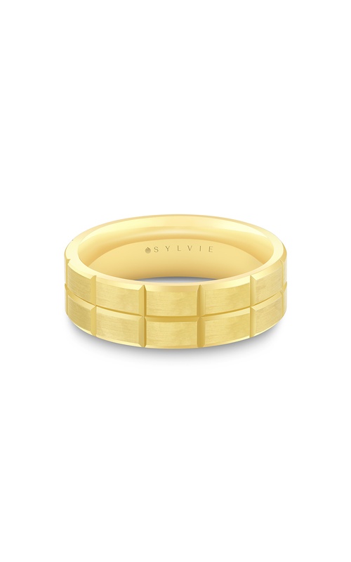 14KY WEDDING BAND, BRUSHED CENTER GROOVE LINE WITH CROSS SECTIONS, SIZE 10 7MM