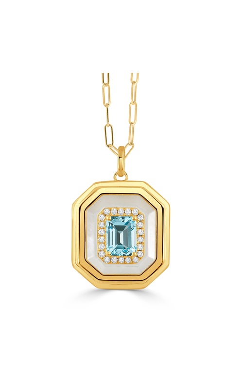 18KY DIAMOND/TOPAZ PENDANT, BEVELED EDGES, TOPAZ AND WHITE MOP CENTER, DIAMOND HALO