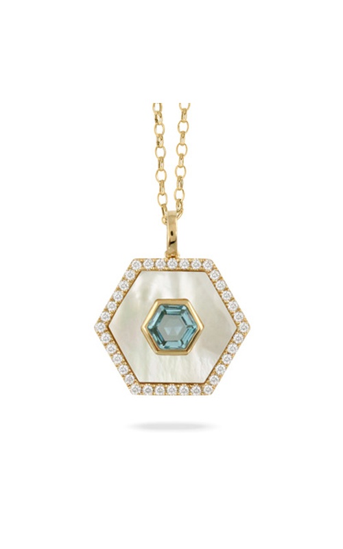 18KY DIAMOND/BLUE TOPAZ/MOP HEXAGON PENDANT, DIAMOND HALO, MOP CENTER, TOPAZ CENTER STONE, 36RDS=0.4