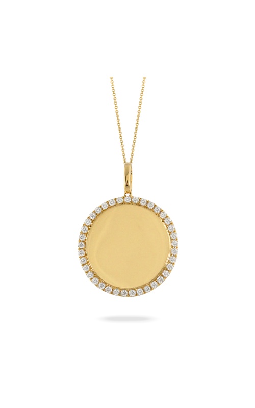 18KY DIAMOND CIRCLE PENDANT, 37RDS=0.43CTW, DIAMOND HALO W/ SOLID GOLD CENTER OF PENDANT