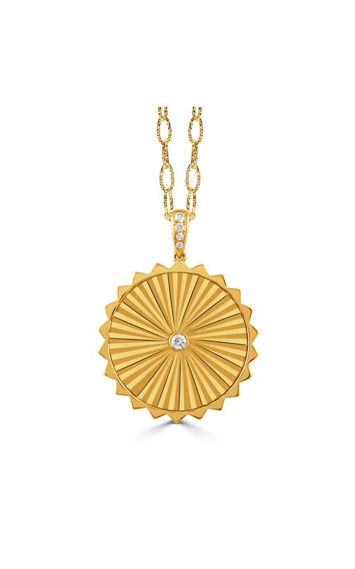 18KY DIAMOND PENDANT, SATIN FINISHED WHEEL WITH CENTER DIAMOND AND DIAMOND BAIL, 5RDS=0.07CTW