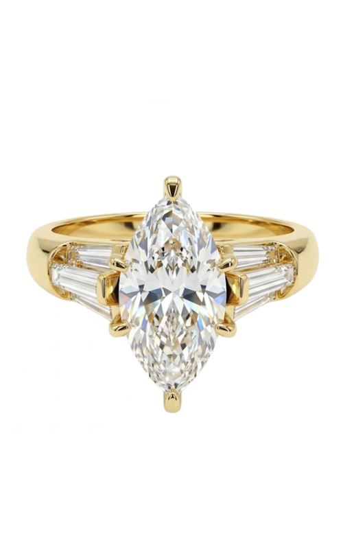 18KY 0.96CTW DIAMOND ENGAGEMENT RING WITH A 1.5CT MQ CZ 6 PRONG CENTER MET BY CHANNEL CATHEDRAL SET
