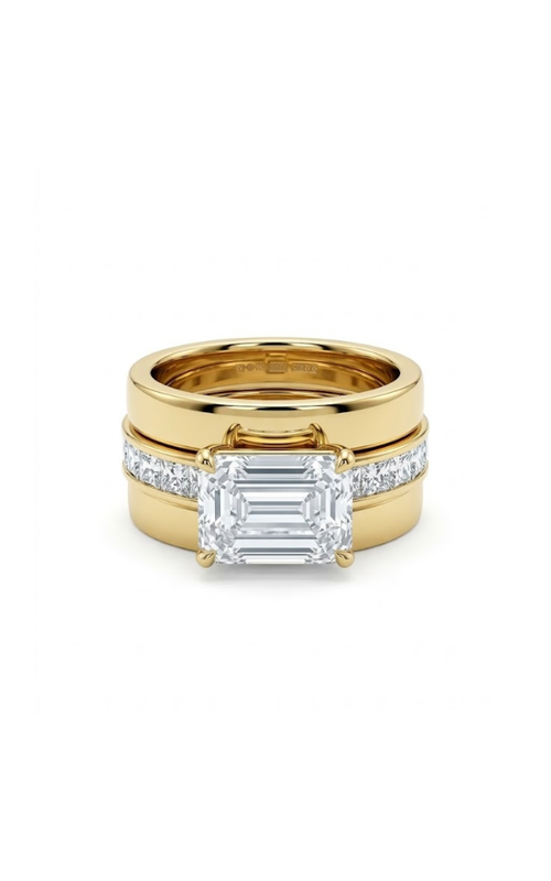 14KYG EMERALD CUT ENGAGEMENT RING, SET EAST/ WEST, 6 = .80CT BAUGETTES