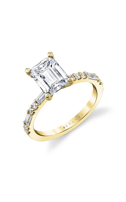 14KY TESSA ENGAGEMENT RING, 1/2 ETERNITY BAND 12 PCS = 0.32CTW, 2CT EMERALD CZ 3.5 X 1.5MM, SIZE 6.5