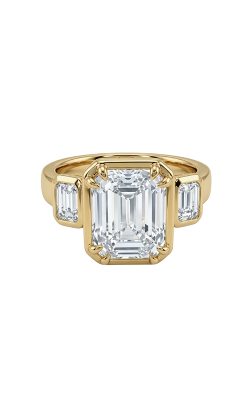 14KY 4.03 CT LAB GROWN EMERALD CUT 3 STONE DIAMOND ENGAGEMENT RING, HIGH POLISH BAND, BEZEL WITH DOU