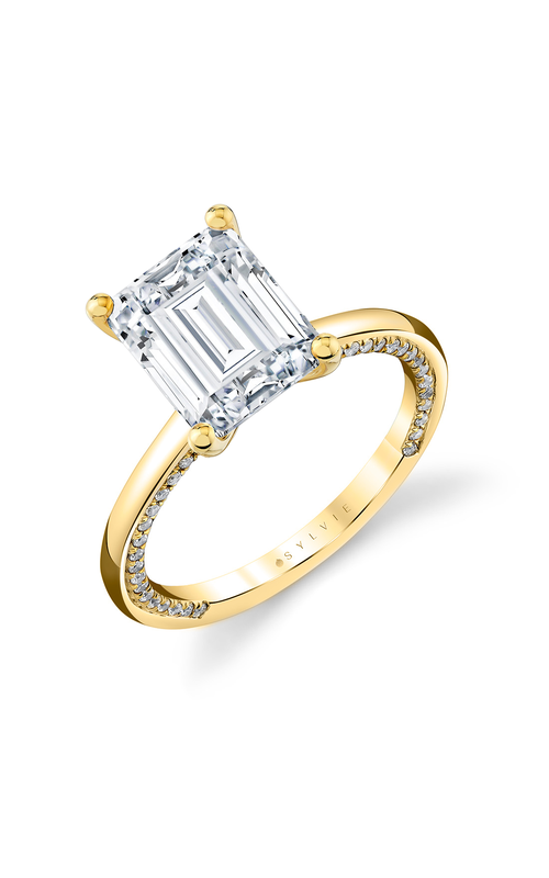 14KY 4-PRONG ENGAGEMENT RING, PAVE SIDES 78 RDS = 0.30CTW, 2.5CT CENTER EMERALD CZ, SIZE 6.5