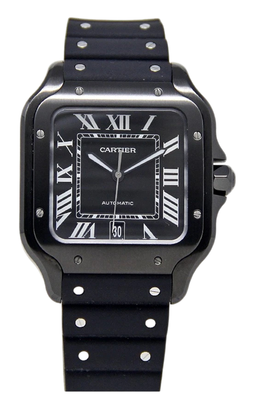 SS 39MMBLACK STEEL LARGE SANTOS DE CARTIER, GREY DIAL/ BLACK LEATHER STRAP ATTACHED/SECOND STRAP IN