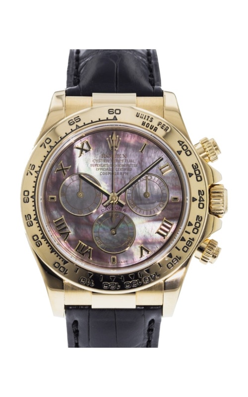 40MM 18KY DAYTONA BLACK MOP DIAL YG BEZEL ON CROC LEATHER STRAP WITH FOLDING CLASP BOX/ NO PAPERS S#
