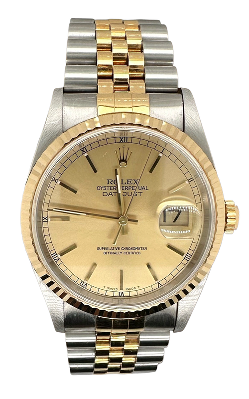 36MM 18KY/SS DATEJUST, CHAMPAGNE INDEX DIAL, FLUTED BEZEL, JUIBLEE BRACELET S#T608091, YEAR 1996
