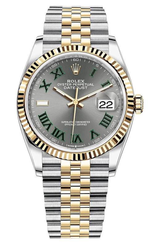 36MM 18KY/SS DATEJUST WIMBLEDON WITH SLATE GRAY DIAL GREEN ROMAN NUMERALS FLUTED BEZEL JUBILEE BRA