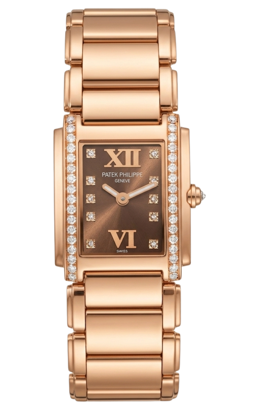 18KR PATEK PHILIPPE TWENTY FOUR, DIAMOND BEZEL, BROWN OMBRE DIAMOND DIAL, E15 QUARTZ MOVEMENT, 18KR