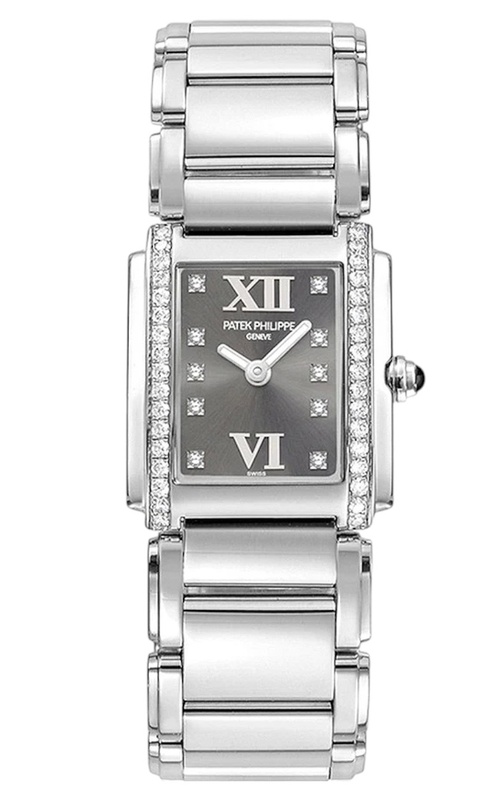 SS PATEK PHILIPPE TWENTY FOUR, DIAMOND BEZEL, SLATE GREY DIAMOND DIAL, SS BRACELET, BOX, NO PAPERS