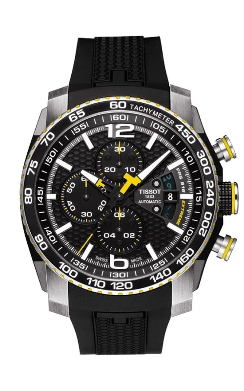 44MM SS TISSOT PRS516 BLACK STICK ARABIC CHRONO TACHYMETER BLACK BEZEL WITH BLACK AND YELLOW RUBBER