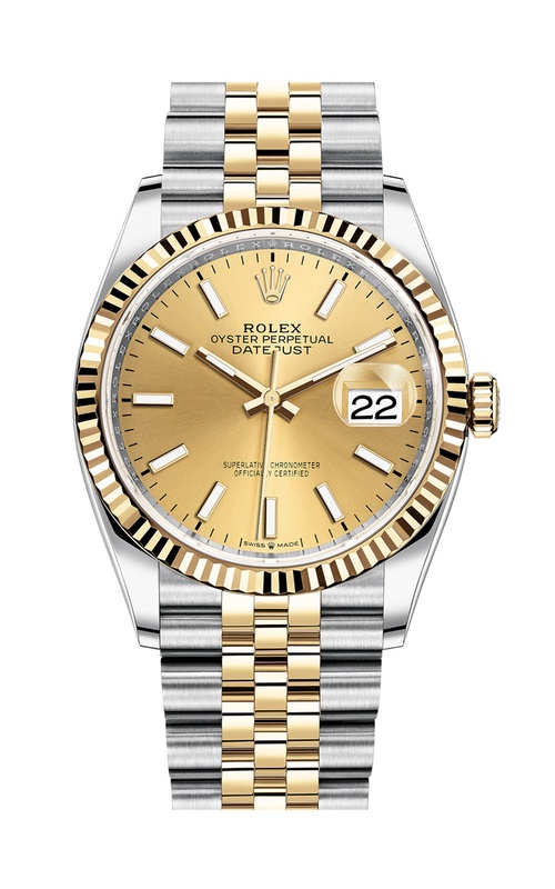 36MM 18KY/SS DATEJUST, CHAMPAGNE DIAL, FLUTED BEZEL, WHITE HOUR MARKERS, JUBILEE BRACELET, BOX+PAPER