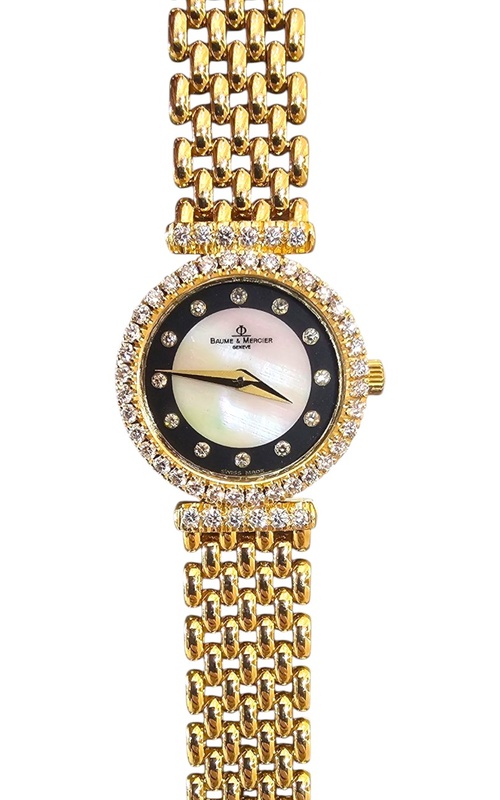 18KY BAUME MERCIER DIAMOND DRESS WATCH WITH MOTHER OF PEARL AND BLACK ONYX DIAMOND DIAL/ DIAMOND BEZ