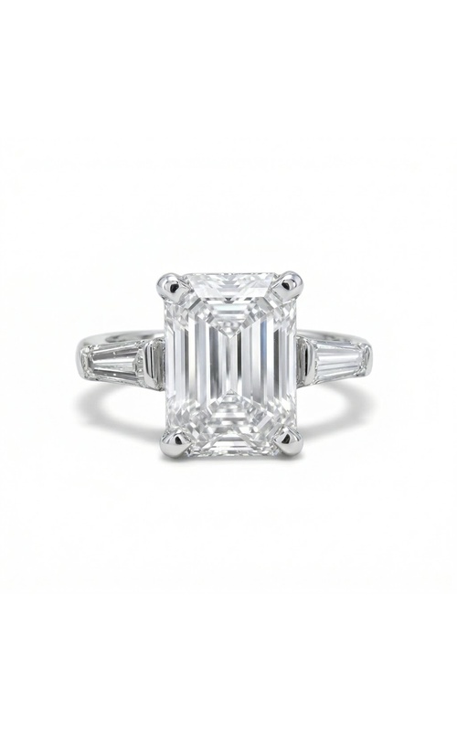 18KY/WG SEMI-MOUNT W/ TWO TAPERED BAGUETTES, 2 SIDE NATURAL DIAS = 0.34CTW, F VVS, CENTER EMERALD LA