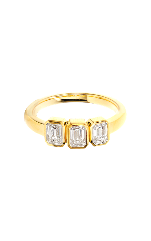18KY BEZEL SET 3 STONE ENGAGEMENT RING, CENTER EMERALD = 0.70CT, 2 SIDE EMERALDS = 0.85CTW, F VS, SI