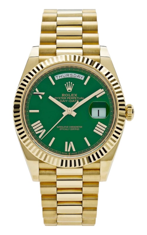40MM 18KY ROLEX DAY DATE PRESIDENT WITH GREEN ROMAN DIAL. S#5L27K543