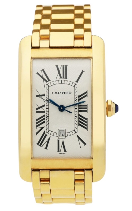 PRE-OWNED 45X27MM 18KY CARTIER TANK AMERICAINE WHITE ROMAN DIAL ON YG BRACELET WITH BOX
