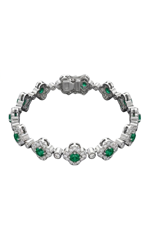 14KWG EMERALD AND DIAMOND CLOVER LINK BRACELET WITH A ROUND EMEERALD SET IN 4 PRONGS IN THE CENTER