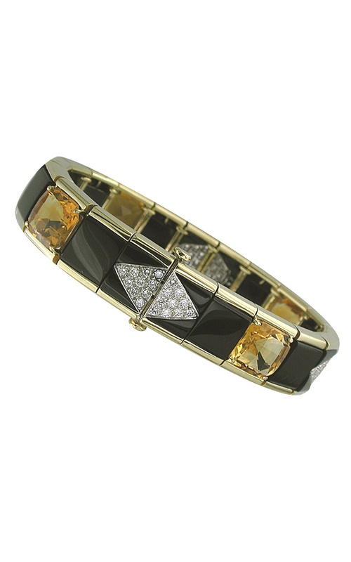 18KYG/PLATINUM MICHAEL BONDANZA BLACK ONYX-DIAMOND AND CITRINE BRACELET. THE BRACELET FEATURES SQU