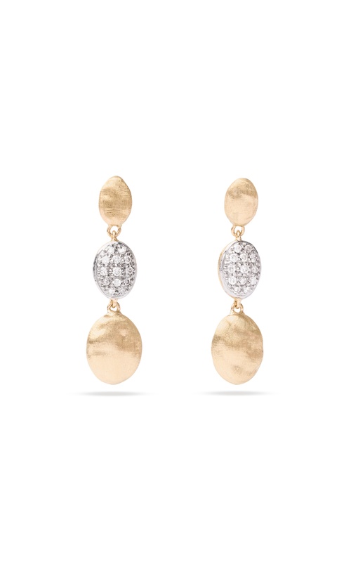 18KYWG DIAMOND 3 DROPS DANGLE SIVIGLIA EARRINGS ON POST. PAVEE DIAMONDS ON MIDDLE BEAN. DIA 0.20CTW
