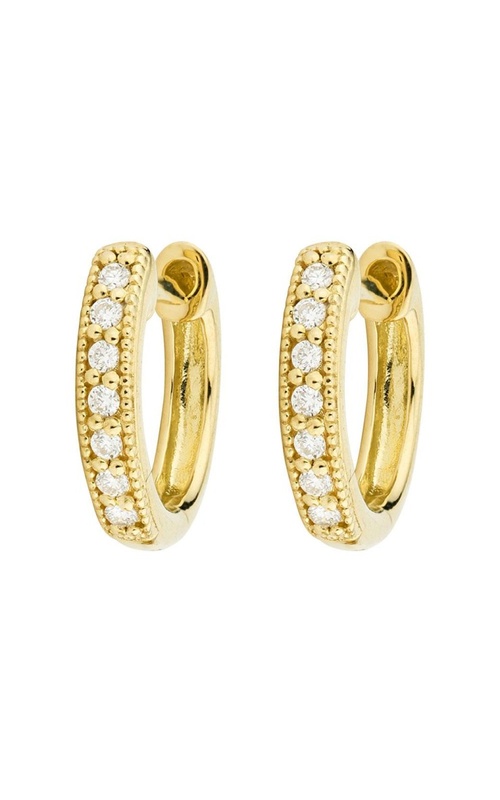 18KYG .11CTW MINI DIAMOND HUGGIE WITH DIAMONDS PRONG SET DOWN MIDDLE WITH MILGRAIN EDGES.